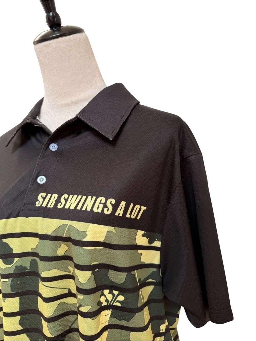 Men’s XL Black & Olive Camo Polo Shirt Funny Sir Swings A Lot Lightweight - Picture 2 of 8